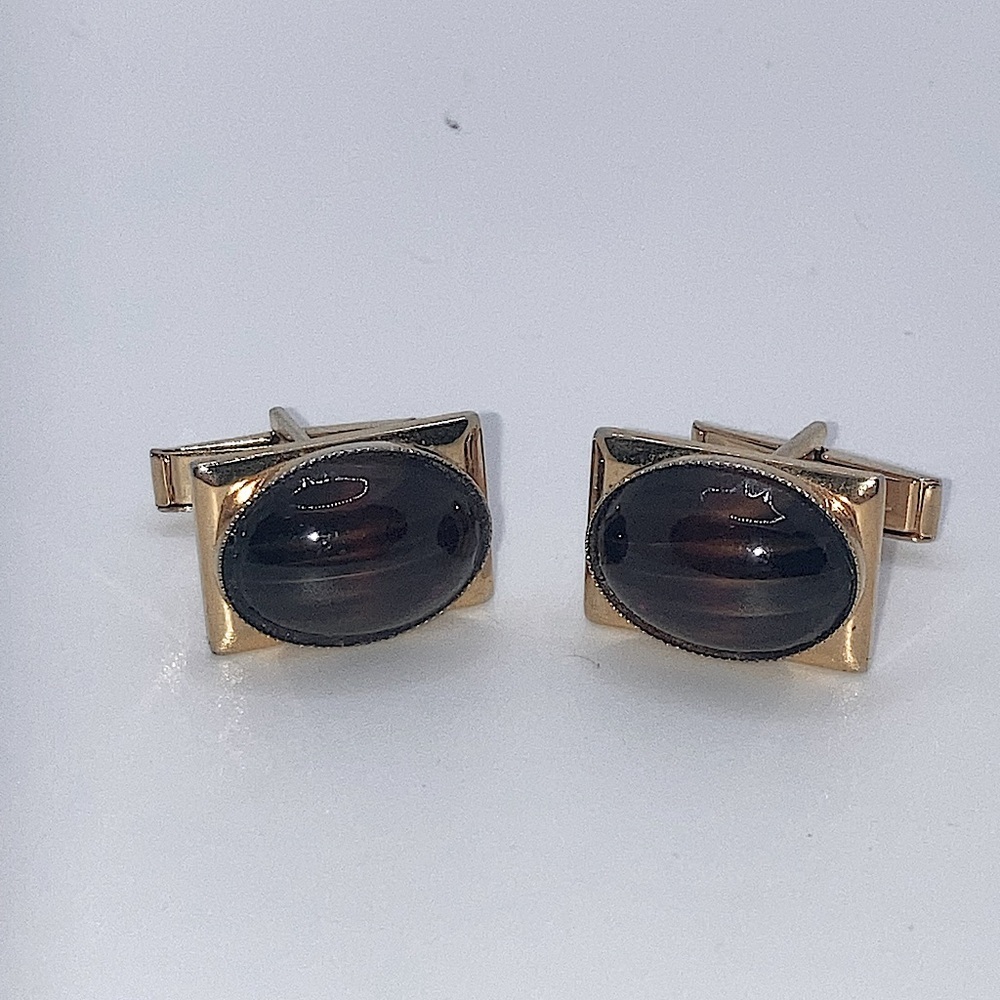 Vtg Gold Tone Brown Glass Faux Tigers Eye Cabochon Rectangle Shaped Cufflinks